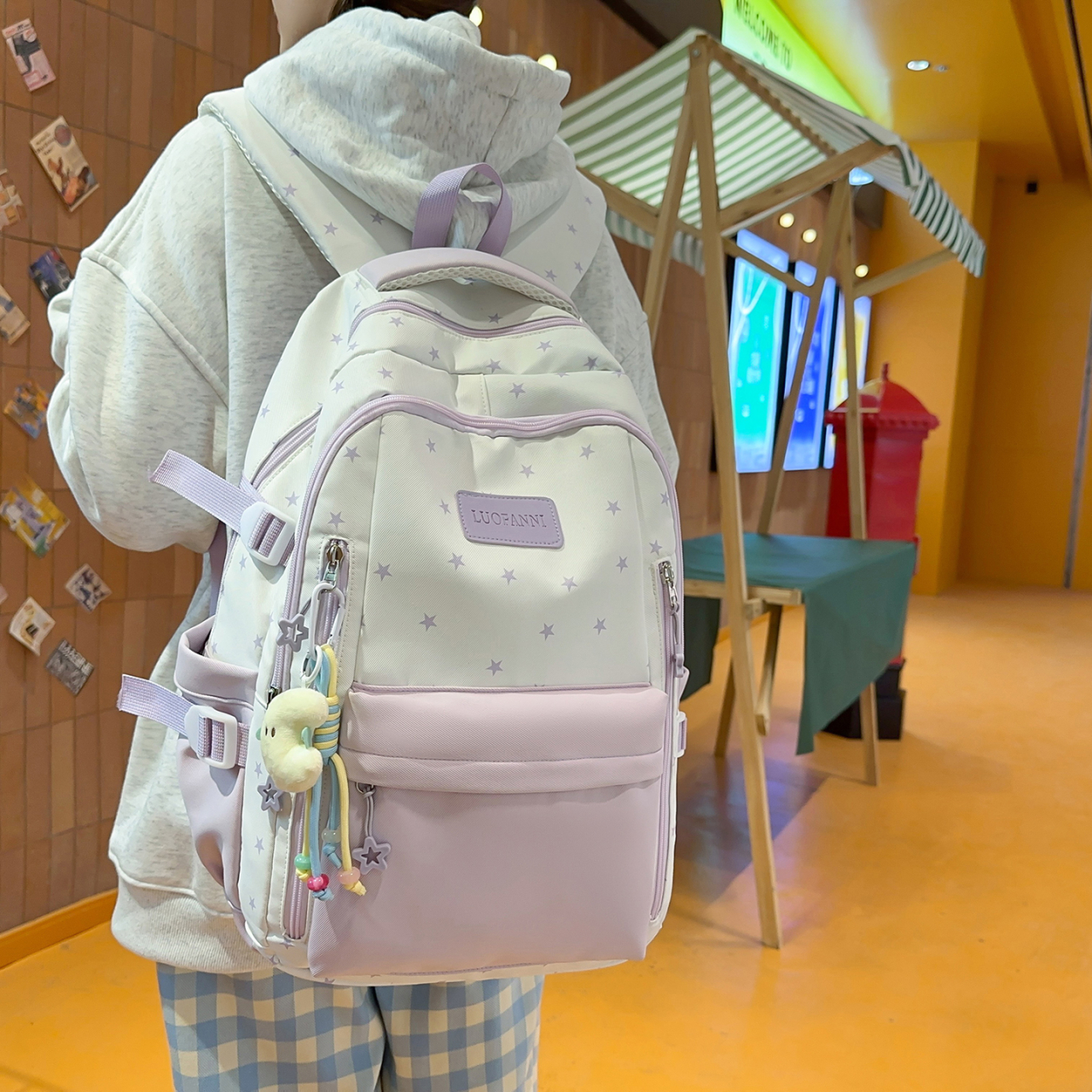 Women's Cream White & Yellow C - Canvas Backpack Casual ulasan dan harga