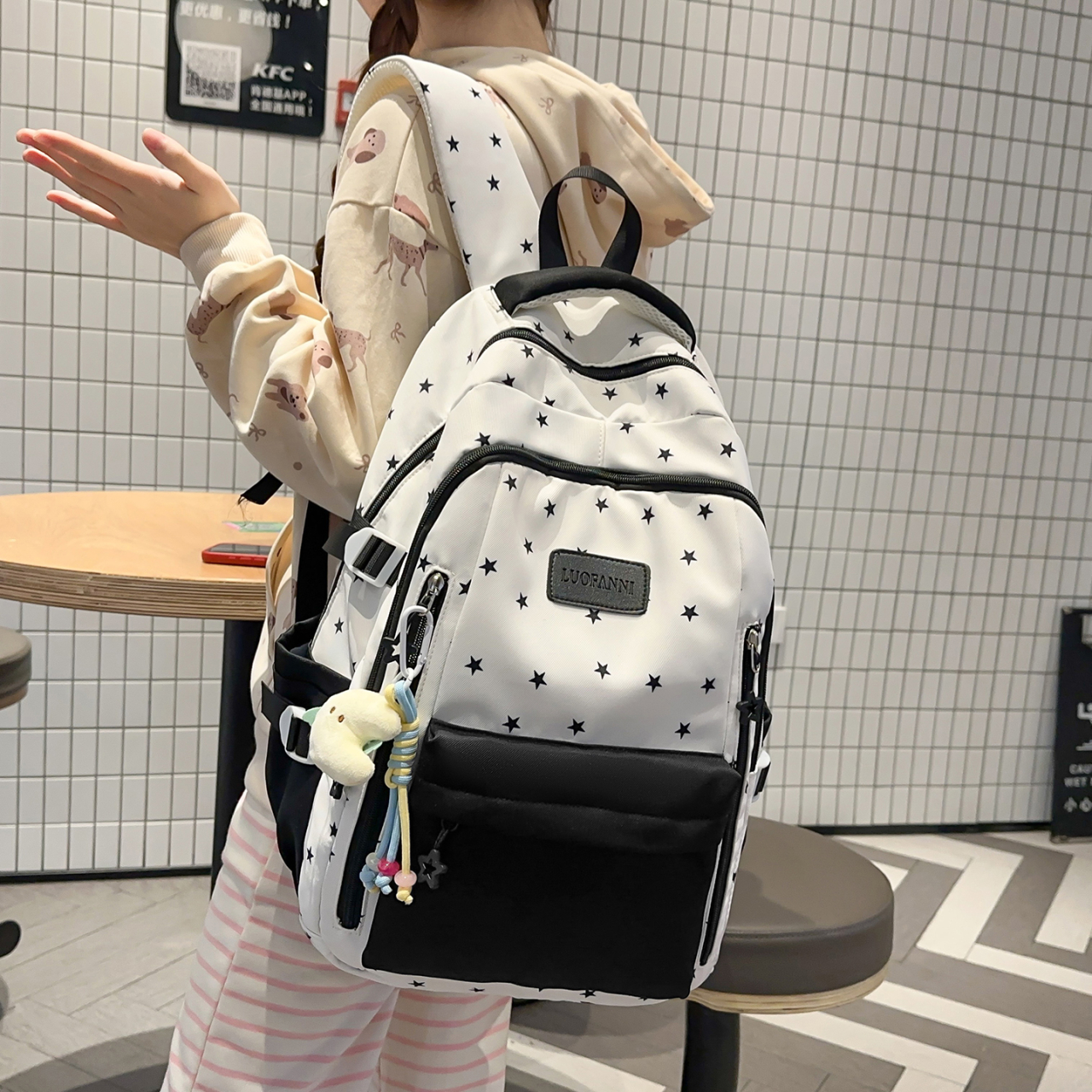 Women's Cream White & Yellow C - Canvas Backpack Casual ulasan dan harga