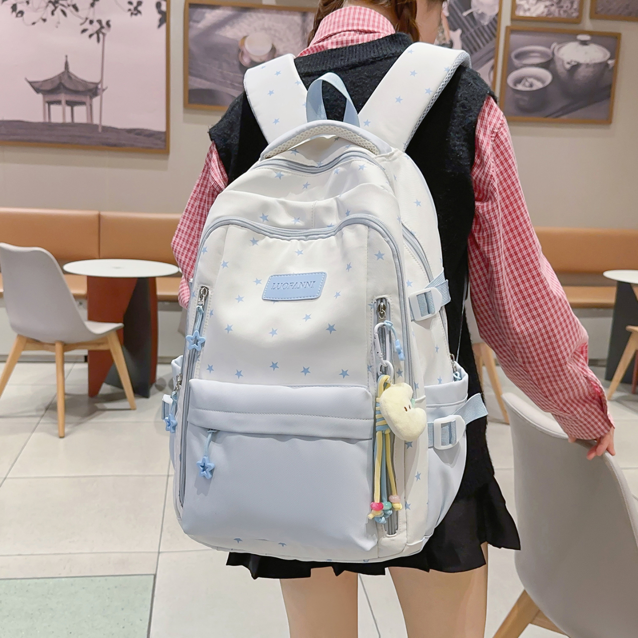 Women's Cream White & Yellow C - Canvas Backpack Casual ulasan dan harga